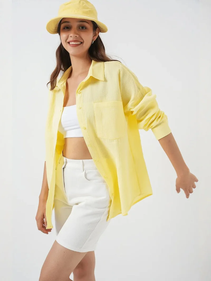 Big Dart Lemon Yellow BDART Linen Blended Shirt with Button Closure for Women | Best Price UAE